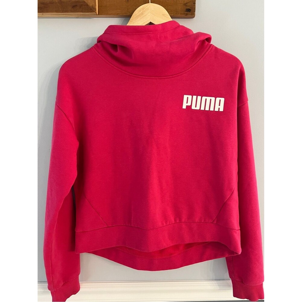 Puma Cropped Oversized Hoodie Hot Pink Fleece Lined Sweatshirt US Small